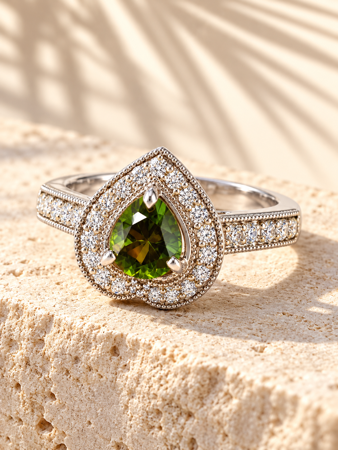 Bague en motif coeur décorée d'une tourmaline verte 