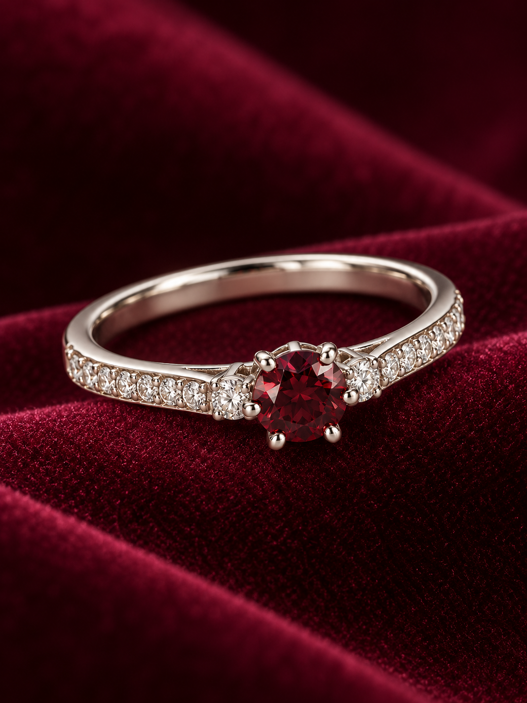 Bague de Fiançailles ornée d'une pierre grenat et deux zircons