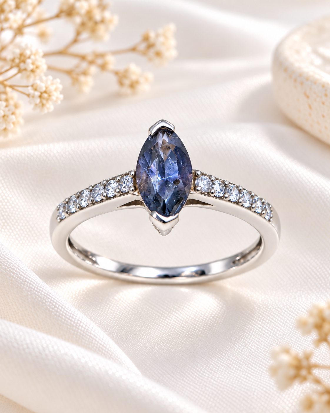 Bague avec pierre cordiérite marquise 