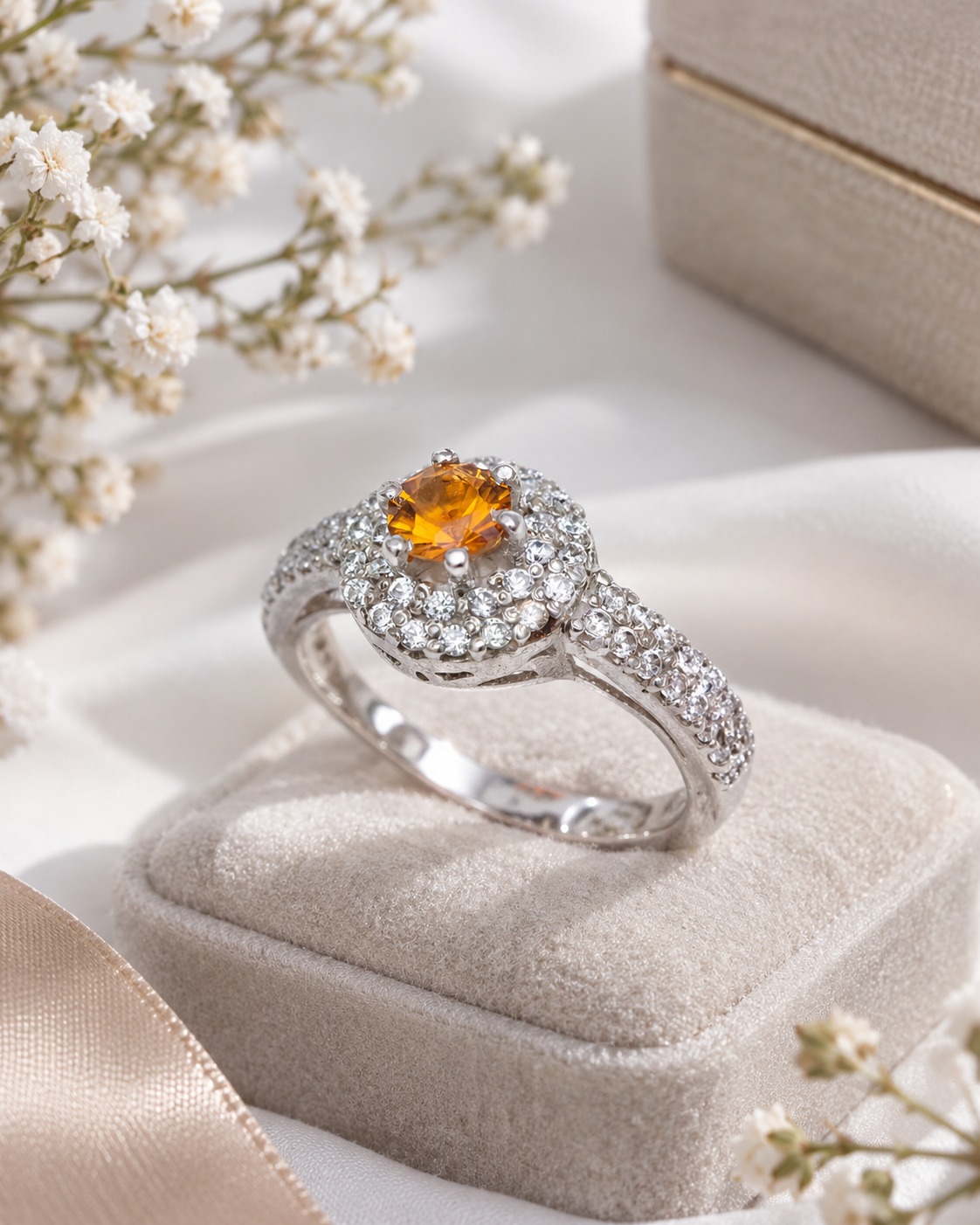 Bague avec pierre citrine serti de zircon