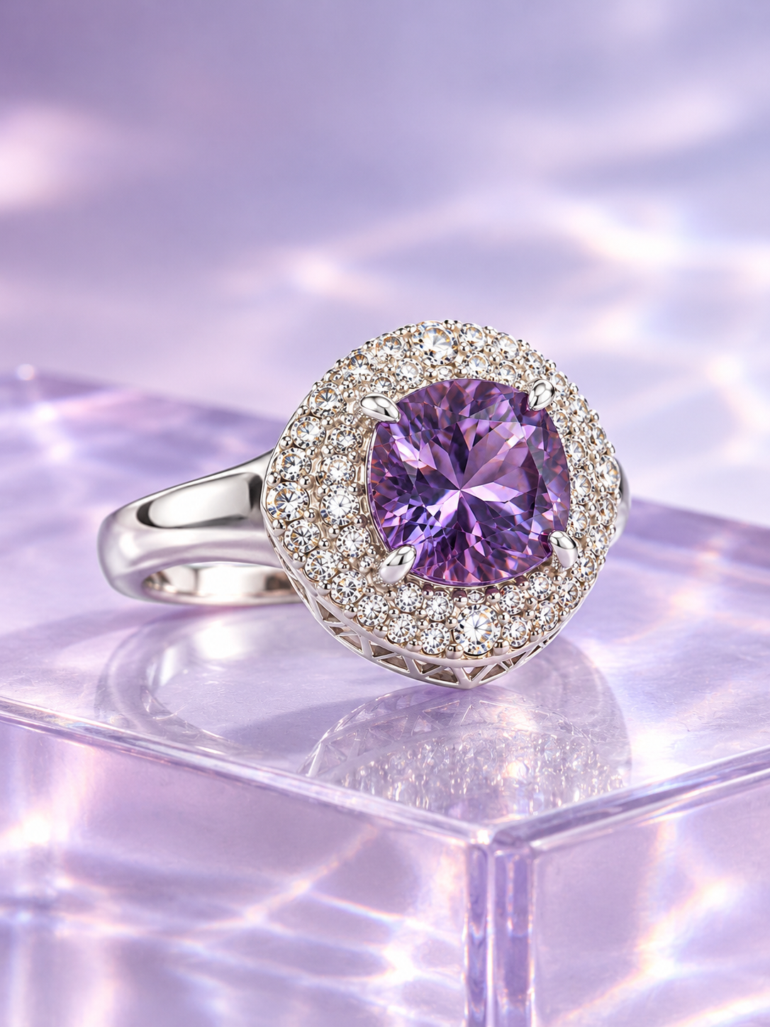 Bague de fiançailles décorée d'une pierre Améthyste 